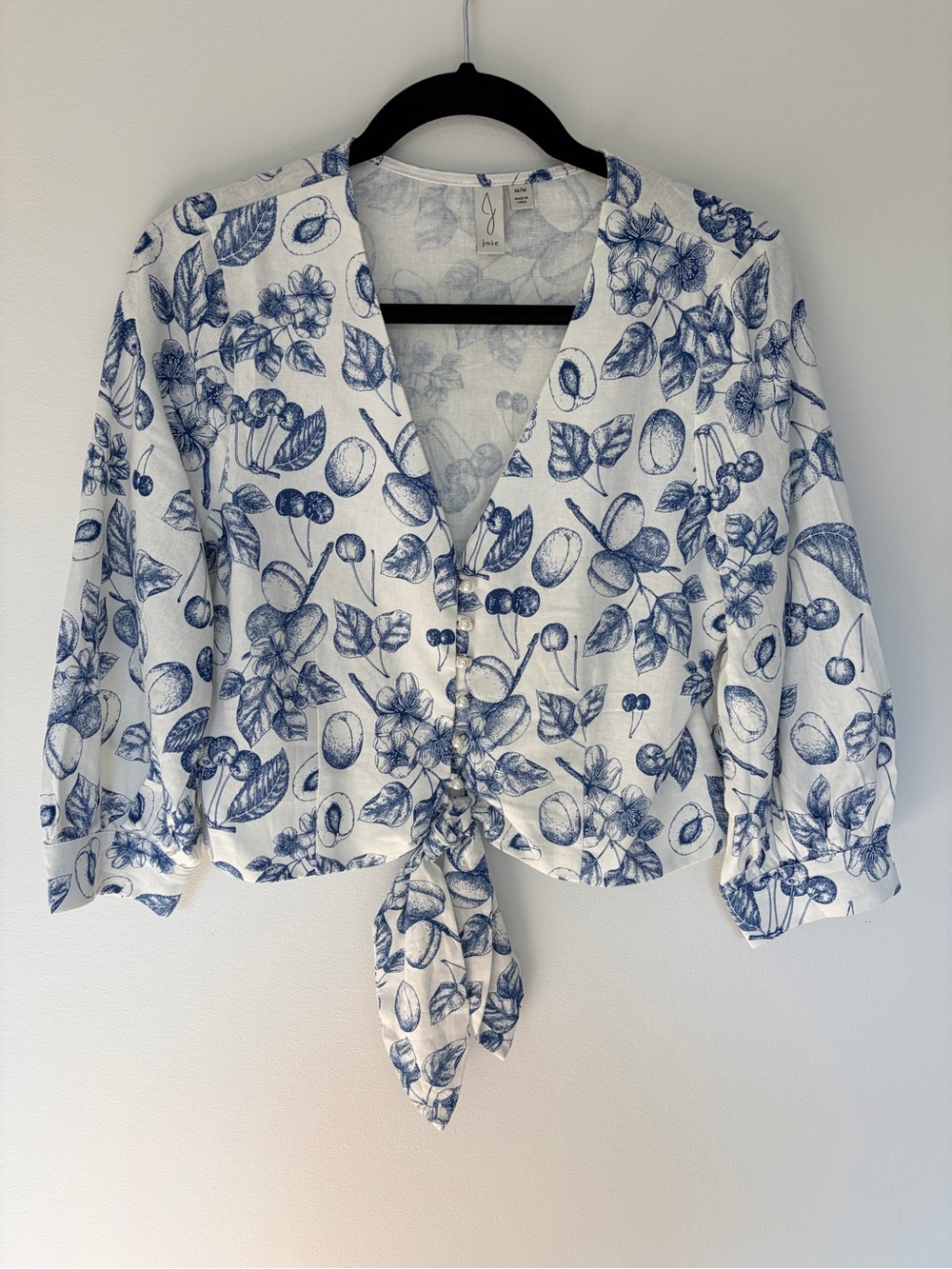 Joie White Top with Blue Botanical Print and Front Tie